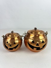 Two Vintage Jack-O-Lantern Lidded Solid Copper Brass Candle Holder Pot Turkey picture