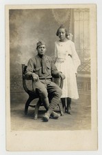 African American Soldier w/Young Bride 1918 Wedding WWI RPPC Black Photo J15209 picture