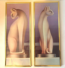 VTG Gold Framed Art Deco Style 80βs Cat Wall Art Modernist Cubist Sculpture picture
