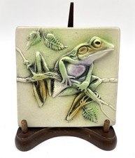Vtg Natalie Surving Art Pottery 3D Tree Frog Tile Hand Painted 4” Sq Retired picture