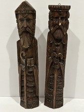 2 Antique Vintage Carved Gothic Revival Style Bearded Priest Figures picture