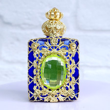 Uranium Glass Cabochon on Perfume  Bottle Art Deco Czech Cobalt Blue Glass Vial picture