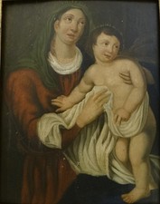 19th C. Spanish Colonial oil on wood panel- Madonna & Child. 19