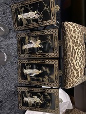 Set of 4 Vintage Asian Black Lacquer Panels with “Mother of Pearl” Inlay picture