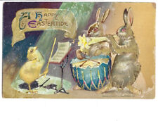 c1910s Happy Eastertide Chick Bunnies Music Drums Horn Anthropomorphic Postcard picture