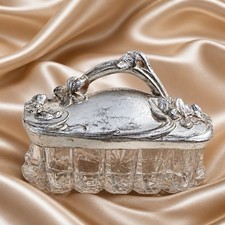 Vintage Art Nouveau Glass Vanity Casket Jar Floral Ornate Metal Lid picture