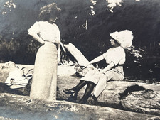 1910s Two Women Lakeside Log Vintage Photo picture