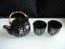 Asian Living Chinese Calligraphy Black Glazed Porcelain Teapot w/ 2 cups & Mesh picture