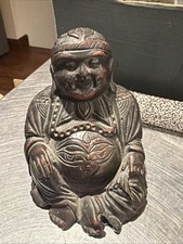VTG Laughing Smiling Buddha Heavy Carved Wood Resin Used 4