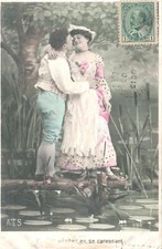 1905 VINTAGE France Hand Coloured Real Photo Lovers Walking near Pond POSTCARD picture