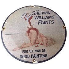 Vintage Sherwin Williams Paint Porcelain Hardware Store Gas Pinup Girl Sign picture