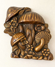 1970s DYNASTONE Mushroom Wall Plaque Woodland Floral Relief Bronze Tone Decor  picture