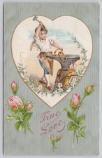 Cupid Blacksmith Creating Wedding Rings True Love Divided Back Postcard c1910 picture