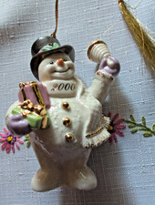 Lenox White Snowman 24k Gold Accents Holding Gifts & Bell 4” Christmas Ornament  picture