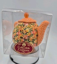 Dritz Collectible Pin Cushion Teapot Floral Pattern Orange Yellow Keepsake Vtg  picture