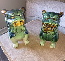 Vintage Blue Green Pair Foo Dogs Chinese Guardian Lions Ceramic Figures 9