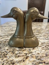 Pair VTG Solid Brass Mallard Duck Head Bookends Doorstops MCM Hollywood Regency picture