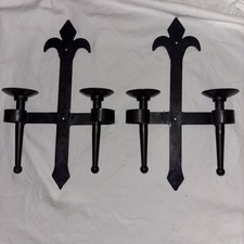 Pair Antique / Vintage Wrought Iron Wall Candle Sconces | Heavy Fleur-De-Lis picture