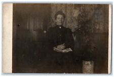 c1910's House Room Interior Candid Girl Black Dress Reading RPPC Photo Postcard picture