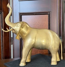 Large Vintage Brass Elephant Statue Figurine Raised Trunk Asian Style 5 lbs picture