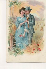 Loving Couple walking in a field, 1908, Richmond MO. to Parsons KS, great colors picture