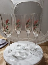 4 Beautiful Glass Champagne Flute Hand Painted Pink Flowers Design 7oz- Signed picture