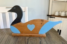 Vintage Hand Painted Wooden Folk Art Goose Sculpture Blue Heart Country Cottage picture