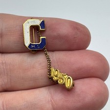 CHS High School Letter C 1950 Lapel Pin Dangle Gold Enamel Blue White Vintage picture