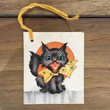 VTG Halloween Bridge Tally Card Black Cat Moon DIE CUT A-Meri-Card Unused 40's picture