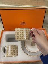 Hermes Mosaique au 24 Platinum Gold Saucer Coffee Tea Cup Porcelain Set for Two picture
