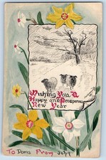 c1910's New Yea Yellow And White Flowers Hand Drawn Art Antique Postcard picture