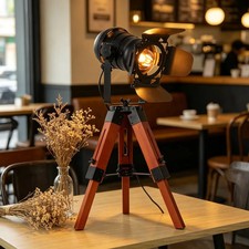 Vintage Industrial Cinema Spotlight Tripod Table Lamp Wood Adjustable Black 24