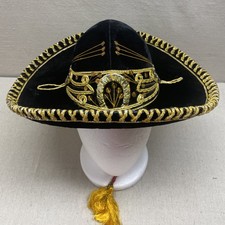 VTG  Mexican Mariachi Sombrero Hat Black Velvet Gold Embroidered Calidad Charro picture