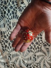 Vintage Antique Red Enamel Egg-Shaped Gold Trinket Box - Hinged Lid, Rhinestones picture