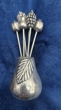 Vintage Mid-Century Spanish Silver Plated / Pewter Cocktail Pick Set Fruit tops picture