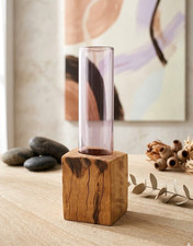 Wood Glass Bud Vase Cylinder Tube Modern Minimalist Handmade Signed Decor picture