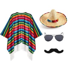 4 Pcs Mexican Sombrero and Poncho Costume Set Serape picture