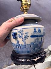 vintage blue-and-white porcelain ginger jar table lamp with hand painted scenes picture