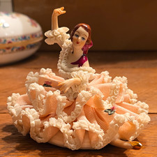 Porcelain Lady Figurine w/ Lace Fabric Dress, Glossy Finish, 3D Effect, 3.5 in picture