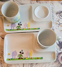 Vintage 1970s Disney Mickey Mouse Snack Plate & Cup Sets Pair, Made in Japan picture
