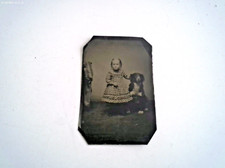Circa 1860's Tintype of Cute Girl in Plaid Dress with Dog picture