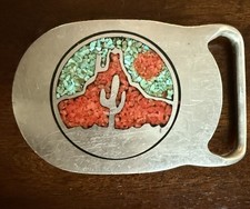 Vintage RJ Roberts Pewter Belt Buckle Cactus Desert Mountain Chip Inlay TI 2 picture