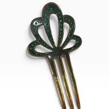 Antique Edwardian Celluloid Hair Comb Emerald Rhinestones Amber c1900 picture