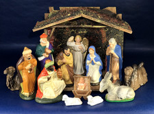 VINTAGE GERMANY JAPAN PAPER MACHE NATIVITY SET 14pc HOLY FAMILY KINGS STABLE picture