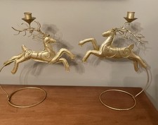Vintage Pair Gold Metallic Reindeer Taper Candle Holders Centerpiece Mantle 14” picture
