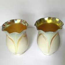 Pr. Antique Steuben Iridescent Pulled Feather Art Glass Lamp Shades Signed picture