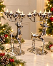 Vintage Pair Silver Tone Reindeer 6 Light Candelabra Christmas Candle Holders 14 picture