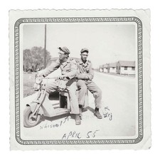 Vintage Snapshot Photo Two Soldiers Riding Motor Scooter April 1955 Army Base picture