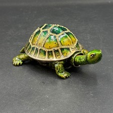 Vintage Bejeweled Green Turtle Trinket Box Enameled Crystal Hinged Magnetic picture