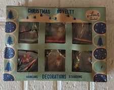 VINTAGE SHINY BRITE SIX CHRISTMAS ORNAMENTS IN BOX JAPAN Houses Santa MCM 1950s picture